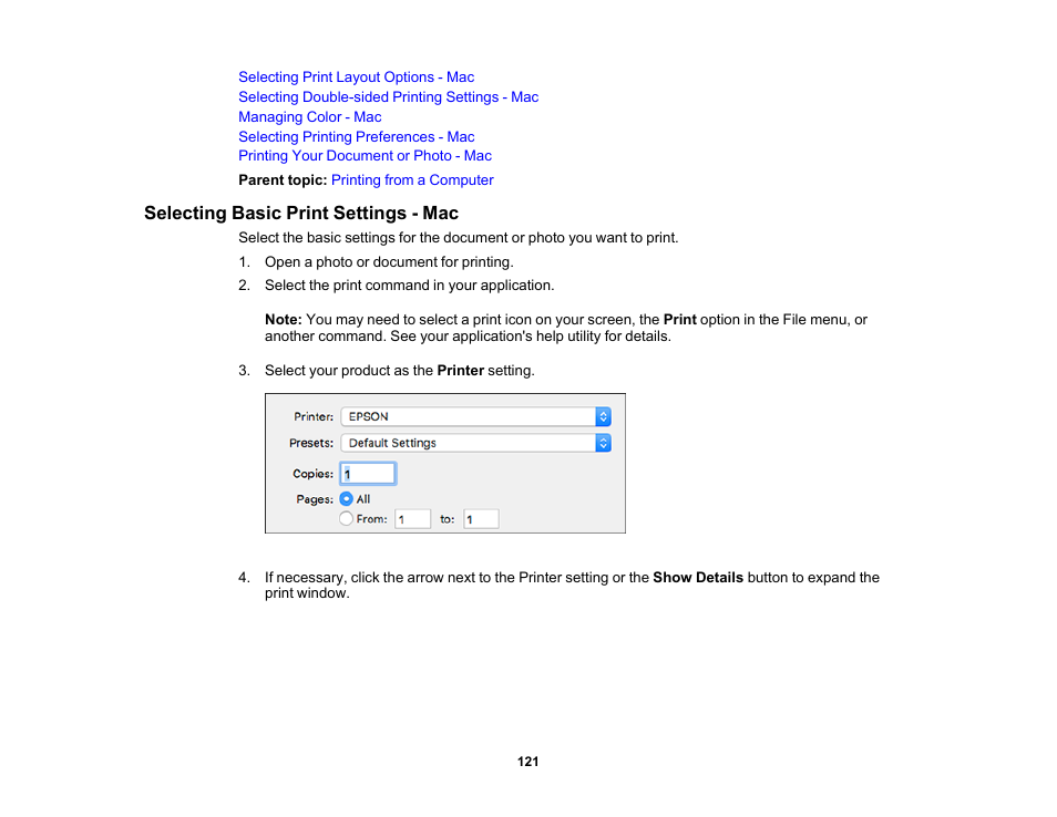 Selecting basic print settings - mac | Epson Expression Premium XP-7100 Small-In-One Inkjet Printer User Manual | Page 121 / 340