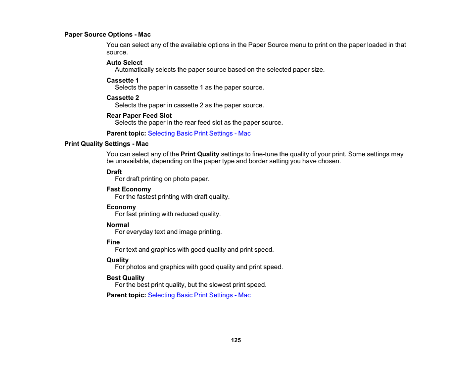 Paper source options - mac, Print quality settings - mac | Epson Expression Premium XP-7100 Small-In-One Inkjet Printer User Manual | Page 125 / 340