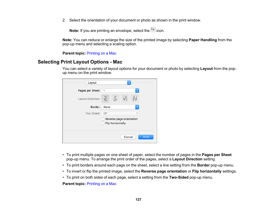 Selecting print layout options - mac | Epson Expression Premium XP-7100 Small-In-One Inkjet Printer User Manual | Page 127 / 340