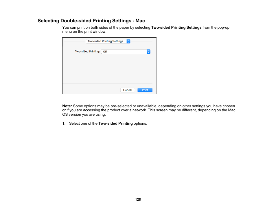 Selecting double-sided printing settings - mac | Epson Expression Premium XP-7100 Small-In-One Inkjet Printer User Manual | Page 128 / 340