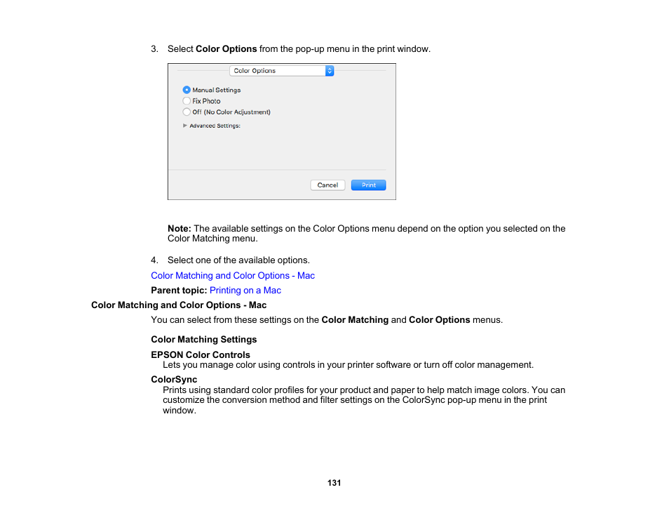 Color matching and color options - mac | Epson Expression Premium XP-7100 Small-In-One Inkjet Printer User Manual | Page 131 / 340