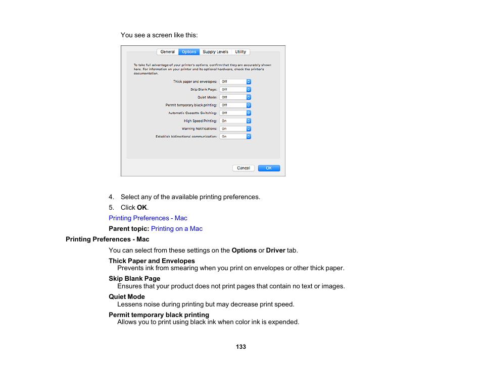 Printing preferences - mac | Epson Expression Premium XP-7100 Small-In-One Inkjet Printer User Manual | Page 133 / 340