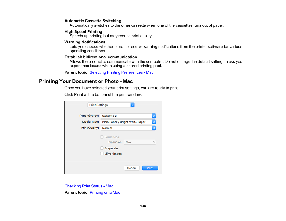 Printing your document or photo - mac | Epson Expression Premium XP-7100 Small-In-One Inkjet Printer User Manual | Page 134 / 340