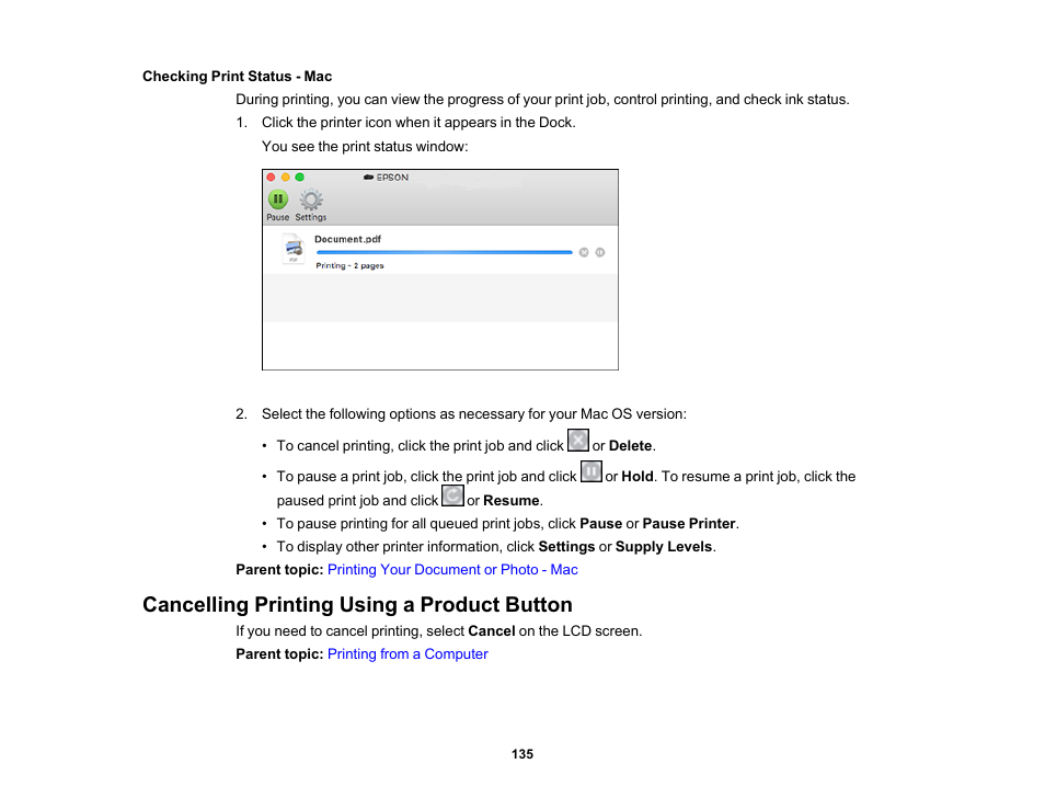 Checking print status - mac, Cancelling printing using a product button | Epson Expression Premium XP-7100 Small-In-One Inkjet Printer User Manual | Page 135 / 340