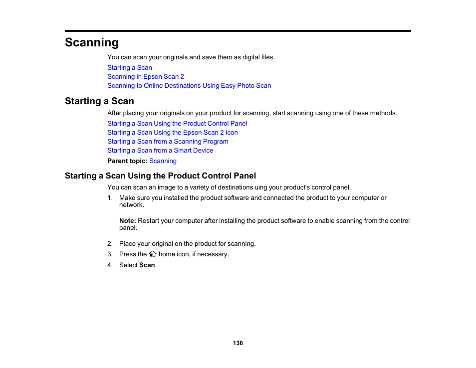 Scanning, Starting a scan, Starting a scan using the product control panel | Epson Expression Premium XP-7100 Small-In-One Inkjet Printer User Manual | Page 136 / 340