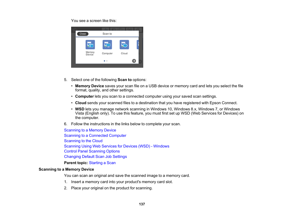 Scanning to a memory device | Epson Expression Premium XP-7100 Small-In-One Inkjet Printer User Manual | Page 137 / 340