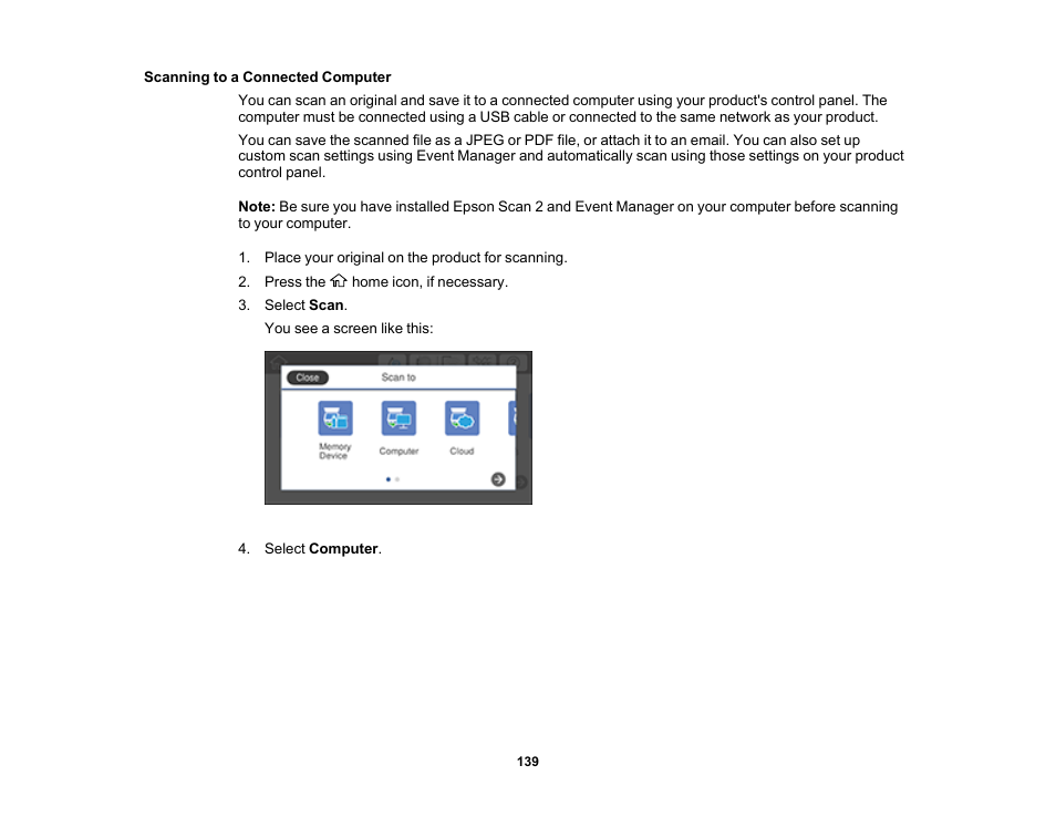 Scanning to a connected computer | Epson Expression Premium XP-7100 Small-In-One Inkjet Printer User Manual | Page 139 / 340