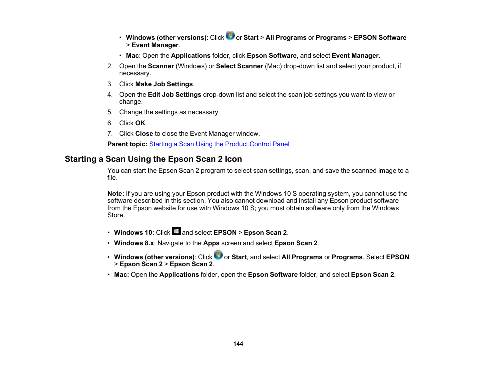 Starting a scan using the epson scan 2 icon | Epson Expression Premium XP-7100 Small-In-One Inkjet Printer User Manual | Page 144 / 340