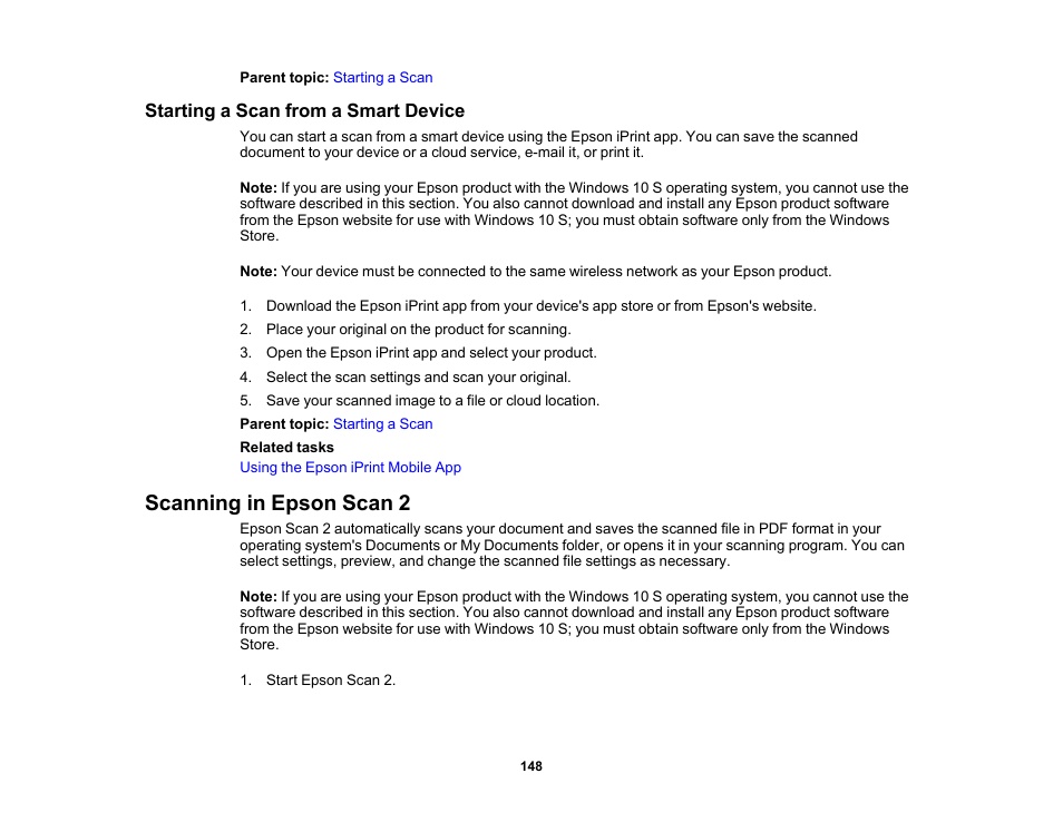 Starting a scan from a smart device, Scanning in epson scan 2 | Epson Expression Premium XP-7100 Small-In-One Inkjet Printer User Manual | Page 148 / 340