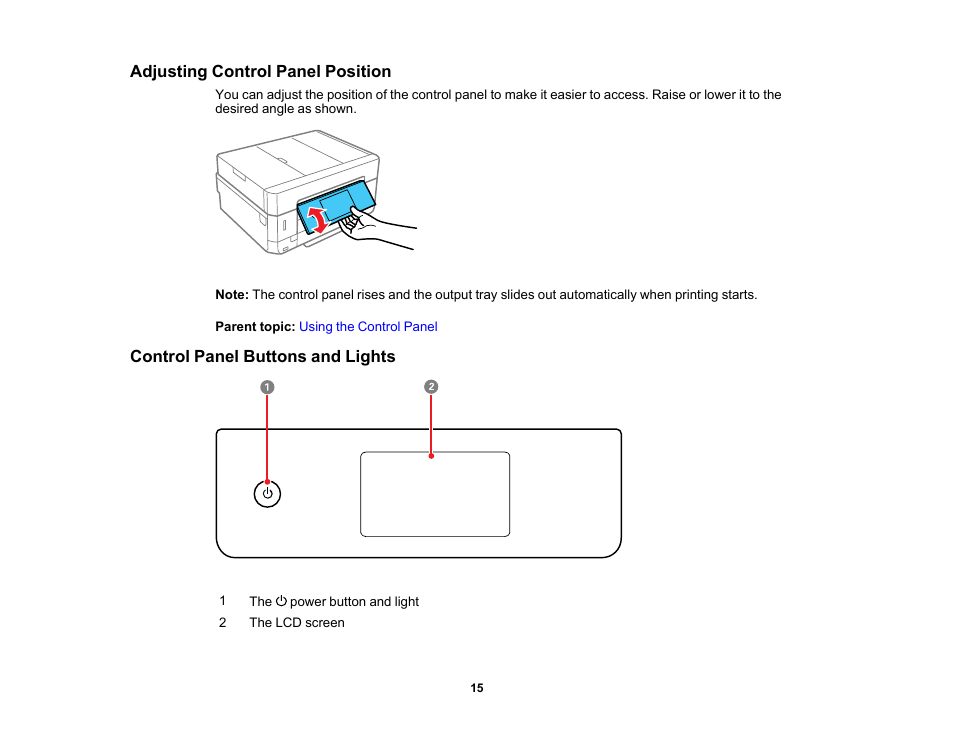 Adjusting control panel position, Control panel buttons and lights | Epson Expression Premium XP-7100 Small-In-One Inkjet Printer User Manual | Page 15 / 340