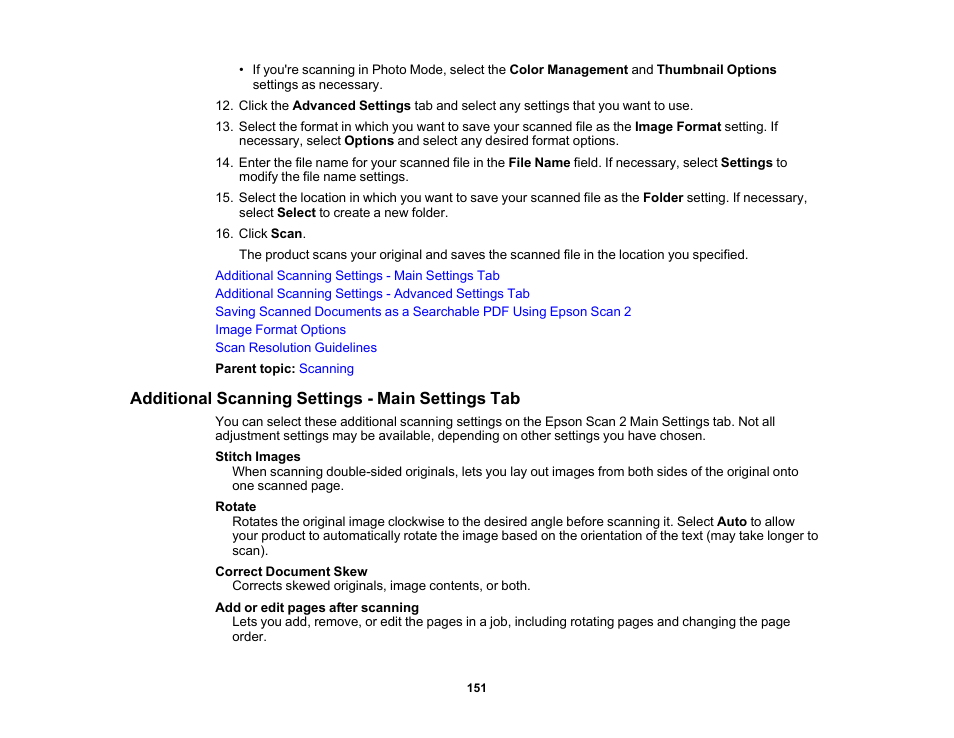 Additional scanning settings - main settings tab | Epson Expression Premium XP-7100 Small-In-One Inkjet Printer User Manual | Page 151 / 340