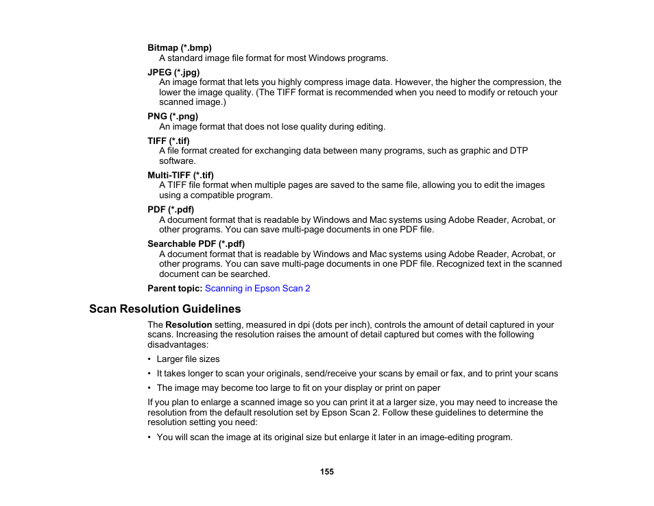 Scan resolution guidelines | Epson Expression Premium XP-7100 Small-In-One Inkjet Printer User Manual | Page 155 / 340