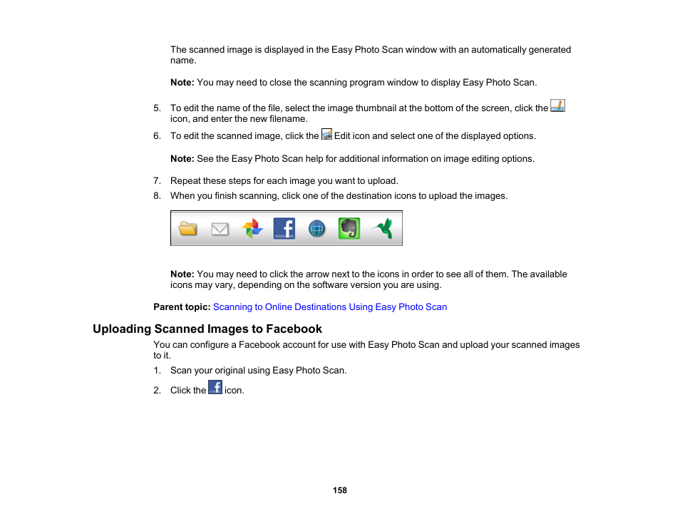 Uploading scanned images to facebook | Epson Expression Premium XP-7100 Small-In-One Inkjet Printer User Manual | Page 158 / 340