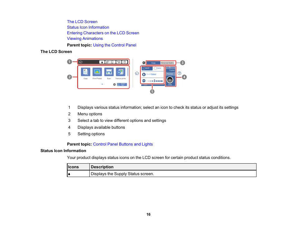 The lcd screen, Status icon information, The lcd screen status icon information | Epson Expression Premium XP-7100 Small-In-One Inkjet Printer User Manual | Page 16 / 340