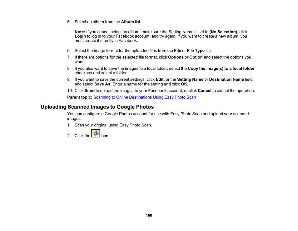 Uploading scanned images to google photos | Epson Expression Premium XP-7100 Small-In-One Inkjet Printer User Manual | Page 160 / 340