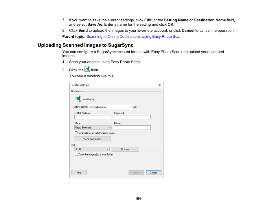 Uploading scanned images to sugarsync | Epson Expression Premium XP-7100 Small-In-One Inkjet Printer User Manual | Page 164 / 340