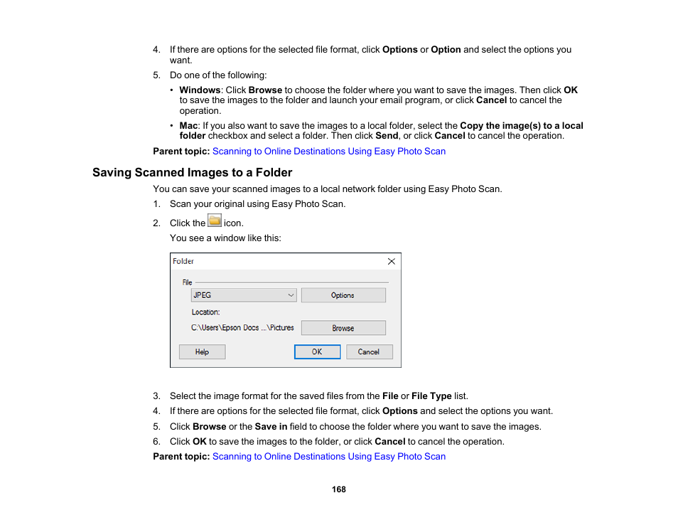 Saving scanned images to a folder | Epson Expression Premium XP-7100 Small-In-One Inkjet Printer User Manual | Page 168 / 340