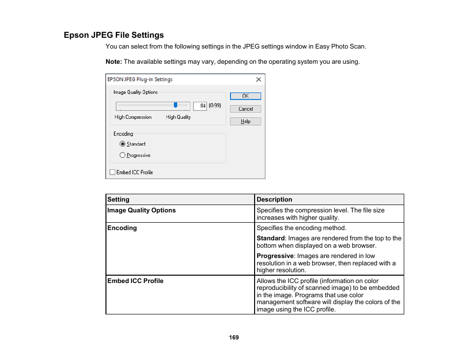 Epson jpeg file settings | Epson Expression Premium XP-7100 Small-In-One Inkjet Printer User Manual | Page 169 / 340