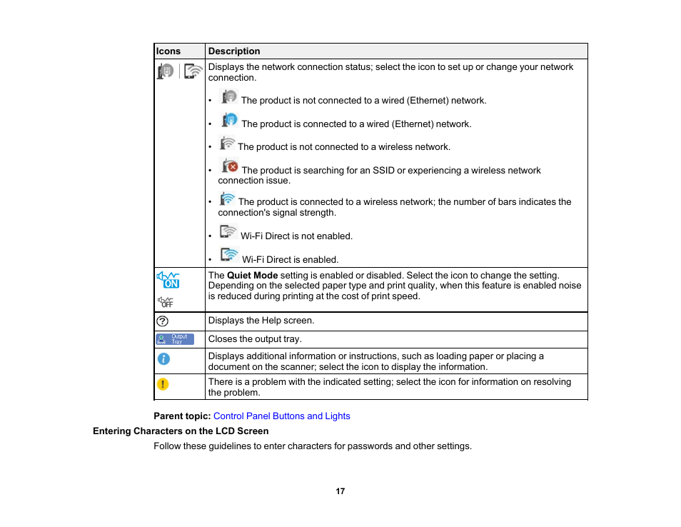 Entering characters on the lcd screen | Epson Expression Premium XP-7100 Small-In-One Inkjet Printer User Manual | Page 17 / 340