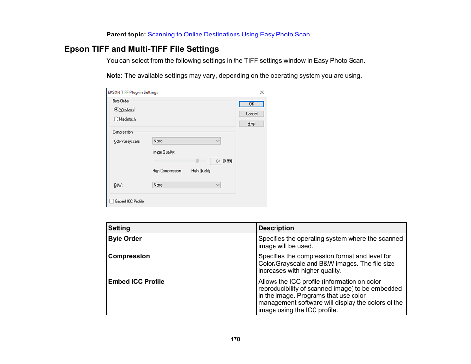 Epson tiff and multi-tiff file settings | Epson Expression Premium XP-7100 Small-In-One Inkjet Printer User Manual | Page 170 / 340