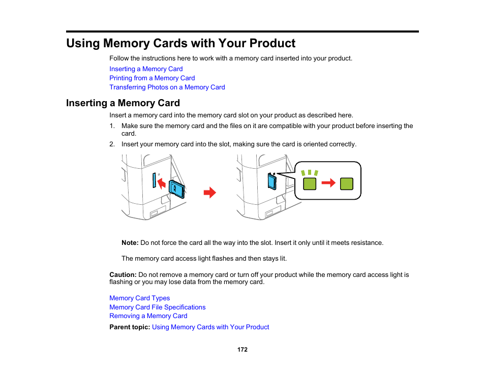 Using memory cards with your product, Inserting a memory card | Epson Expression Premium XP-7100 Small-In-One Inkjet Printer User Manual | Page 172 / 340