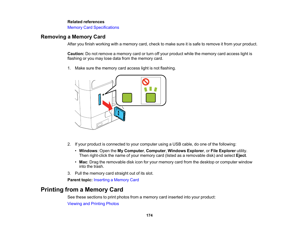 Removing a memory card, Printing from a memory card | Epson Expression Premium XP-7100 Small-In-One Inkjet Printer User Manual | Page 174 / 340