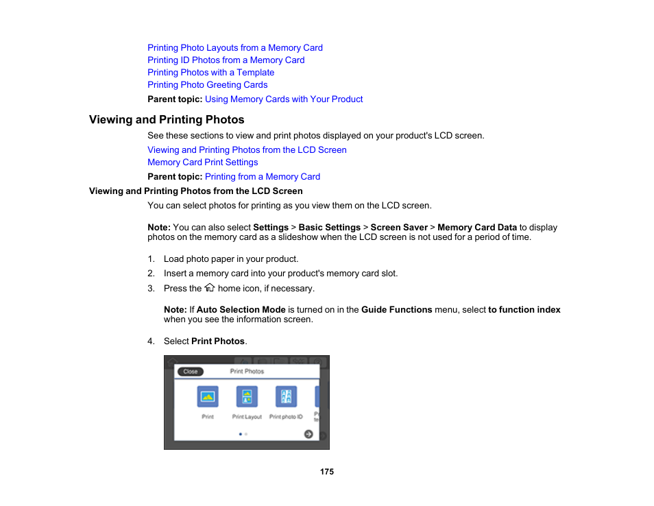 Viewing and printing photos, Viewing and printing photos from the lcd screen | Epson Expression Premium XP-7100 Small-In-One Inkjet Printer User Manual | Page 175 / 340