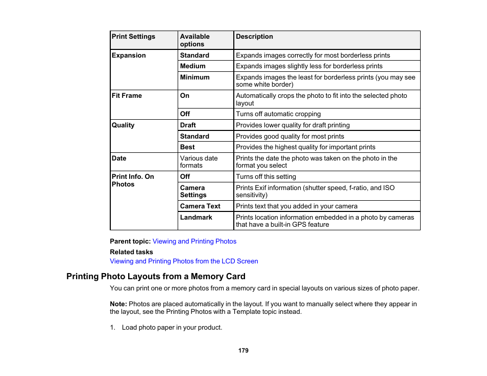 Printing photo layouts from a memory card | Epson Expression Premium XP-7100 Small-In-One Inkjet Printer User Manual | Page 179 / 340