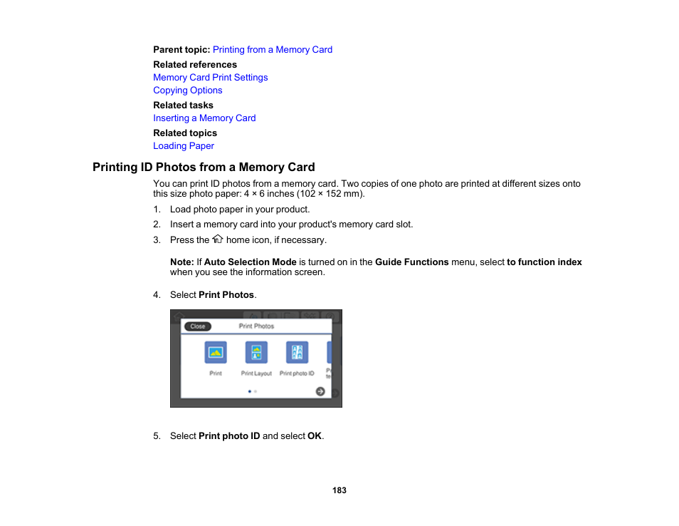 Printing id photos from a memory card | Epson Expression Premium XP-7100 Small-In-One Inkjet Printer User Manual | Page 183 / 340