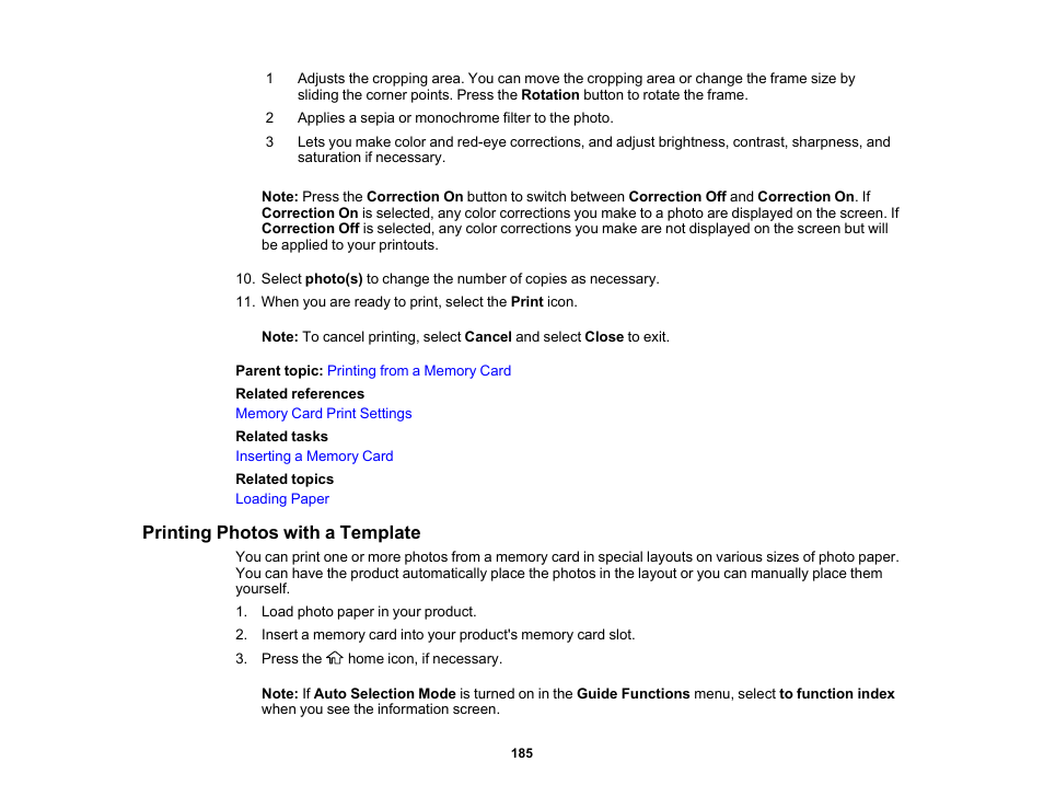 Printing photos with a template | Epson Expression Premium XP-7100 Small-In-One Inkjet Printer User Manual | Page 185 / 340