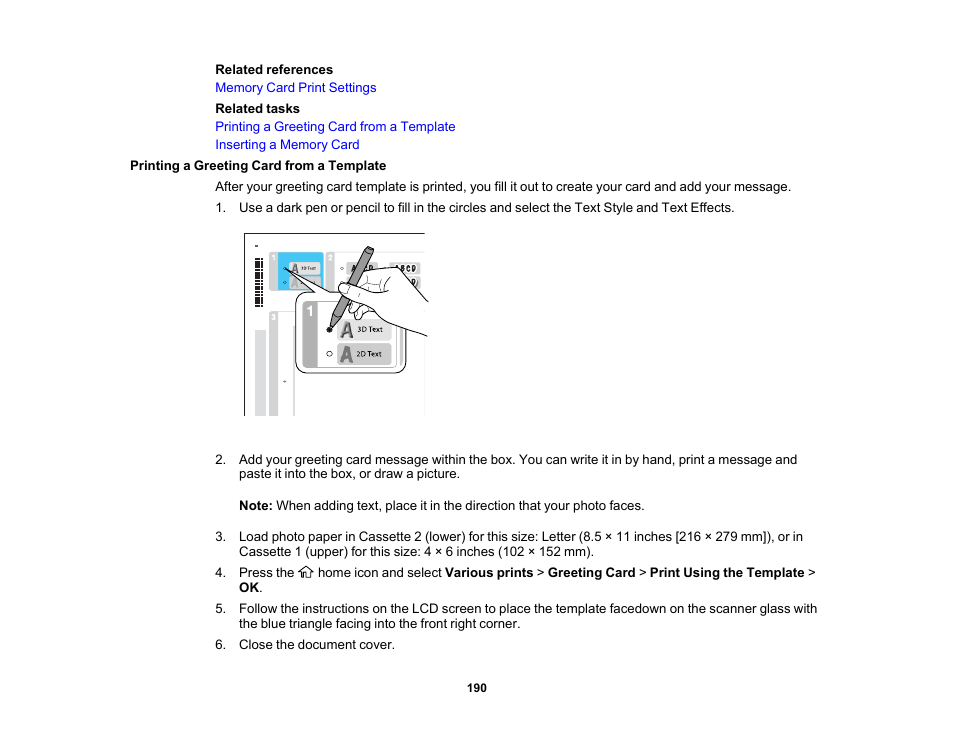 Printing a greeting card from a template | Epson Expression Premium XP-7100 Small-In-One Inkjet Printer User Manual | Page 190 / 340