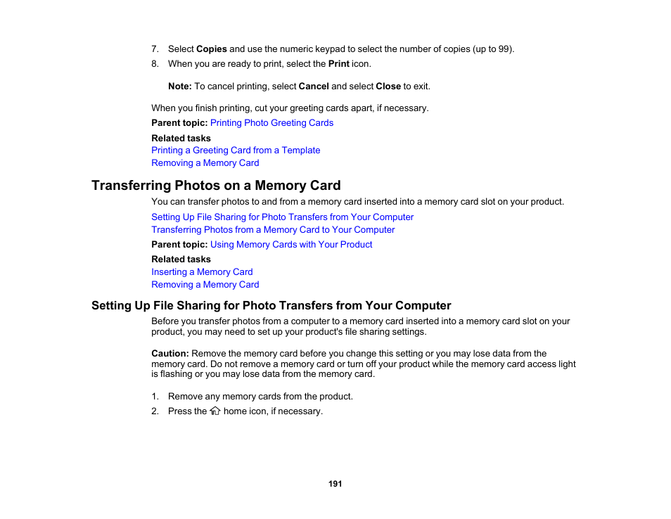 Transferring photos on a memory card | Epson Expression Premium XP-7100 Small-In-One Inkjet Printer User Manual | Page 191 / 340