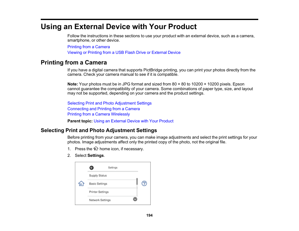 Using an external device with your product, Printing from a camera, Selecting print and photo adjustment settings | Epson Expression Premium XP-7100 Small-In-One Inkjet Printer User Manual | Page 194 / 340