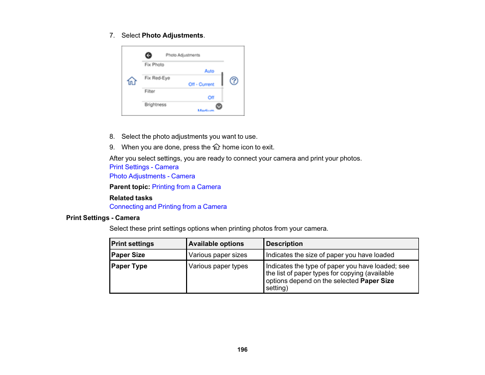 Print settings - camera | Epson Expression Premium XP-7100 Small-In-One Inkjet Printer User Manual | Page 196 / 340