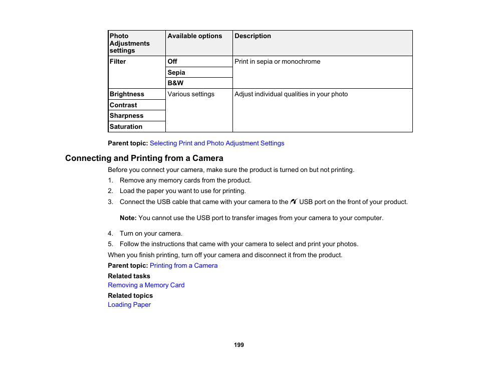 Connecting and printing from a camera | Epson Expression Premium XP-7100 Small-In-One Inkjet Printer User Manual | Page 199 / 340