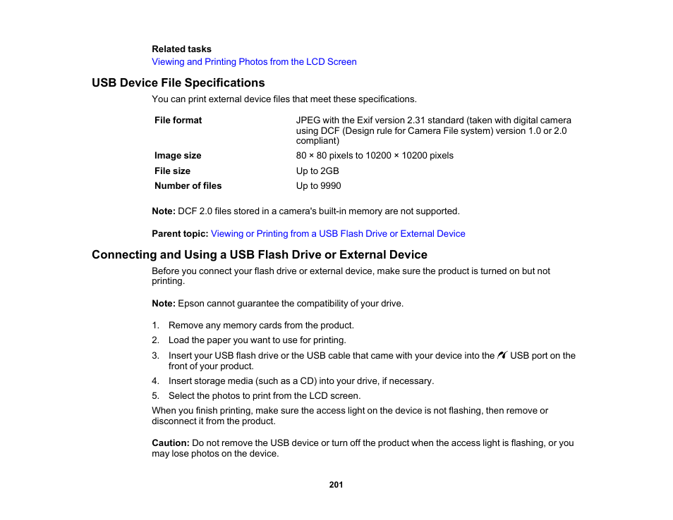 Usb device file specifications | Epson Expression Premium XP-7100 Small-In-One Inkjet Printer User Manual | Page 201 / 340