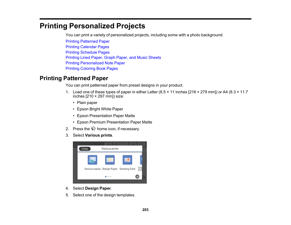 Printing personalized projects, Printing patterned paper | Epson Expression Premium XP-7100 Small-In-One Inkjet Printer User Manual | Page 203 / 340