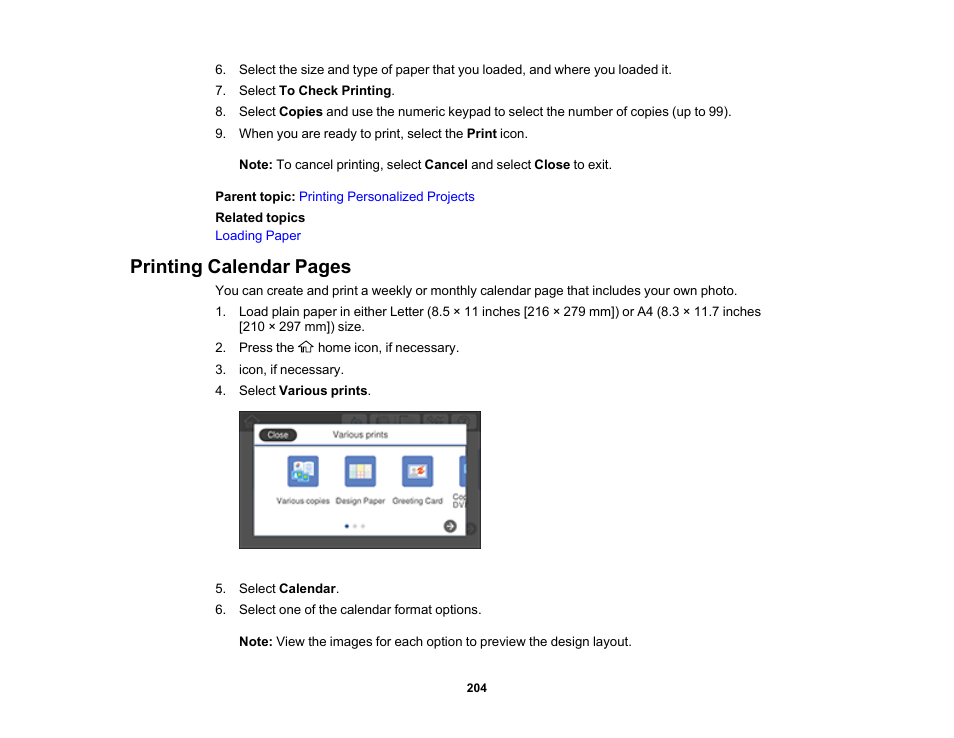 Printing calendar pages | Epson Expression Premium XP-7100 Small-In-One Inkjet Printer User Manual | Page 204 / 340