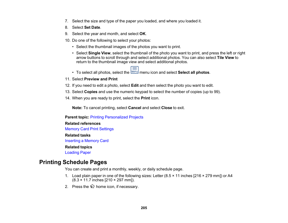 Printing schedule pages | Epson Expression Premium XP-7100 Small-In-One Inkjet Printer User Manual | Page 205 / 340