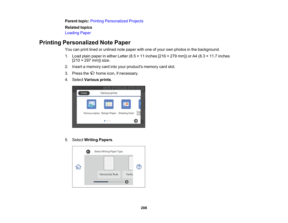 Printing personalized note paper | Epson Expression Premium XP-7100 Small-In-One Inkjet Printer User Manual | Page 208 / 340