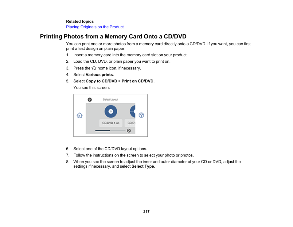 Printing photos from a memory card onto a cd/dvd | Epson Expression Premium XP-7100 Small-In-One Inkjet Printer User Manual | Page 217 / 340