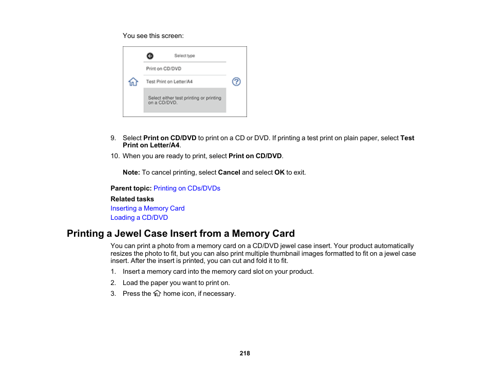 Printing a jewel case insert from a memory card | Epson Expression Premium XP-7100 Small-In-One Inkjet Printer User Manual | Page 218 / 340