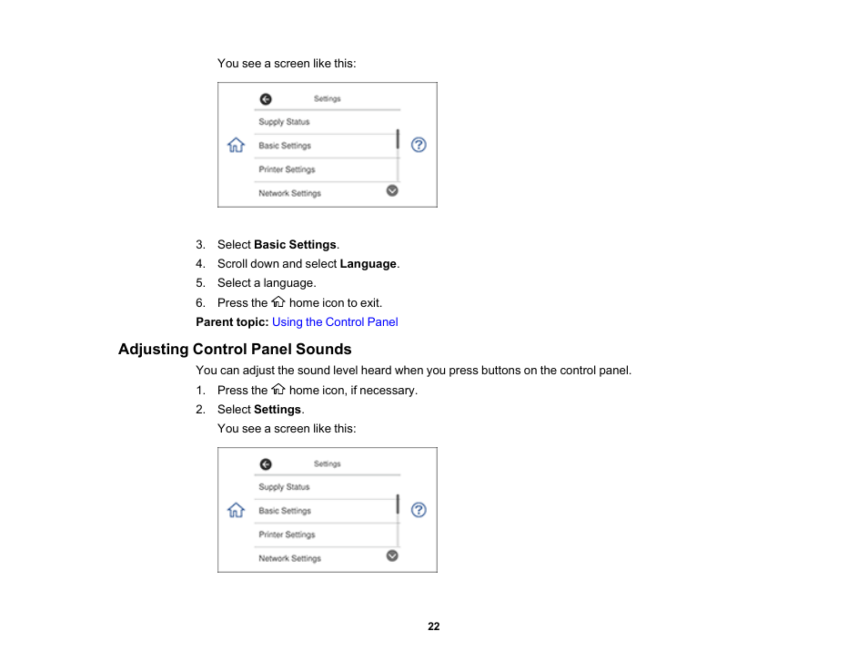 Adjusting control panel sounds | Epson Expression Premium XP-7100 Small-In-One Inkjet Printer User Manual | Page 22 / 340