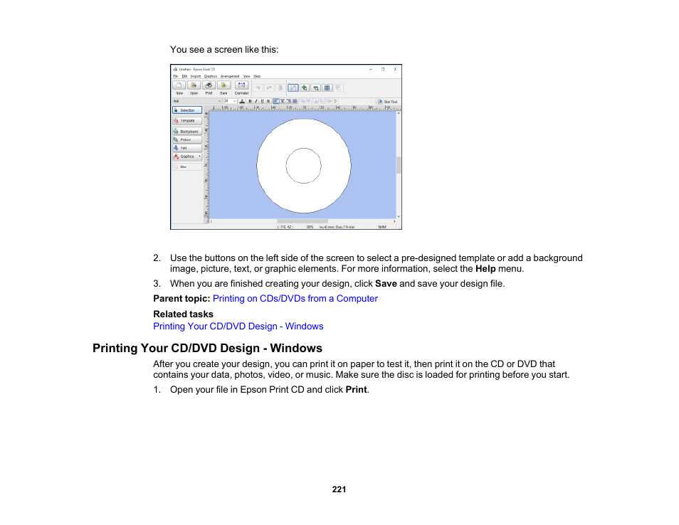 Printing your cd/dvd design - windows | Epson Expression Premium XP-7100 Small-In-One Inkjet Printer User Manual | Page 221 / 340