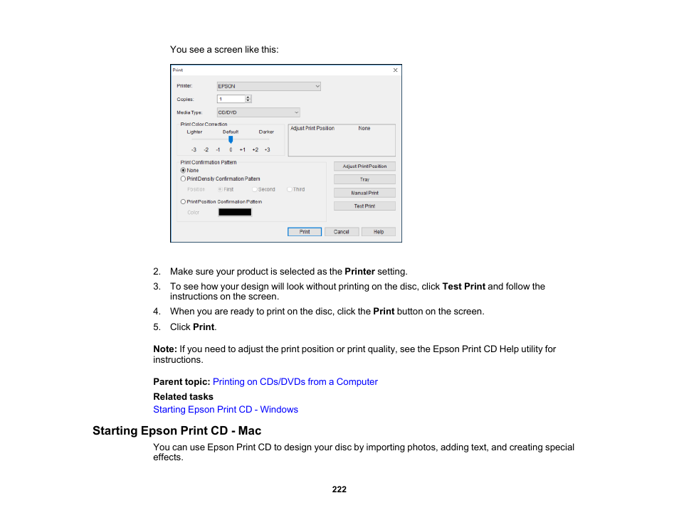 Starting epson print cd - mac | Epson Expression Premium XP-7100 Small-In-One Inkjet Printer User Manual | Page 222 / 340