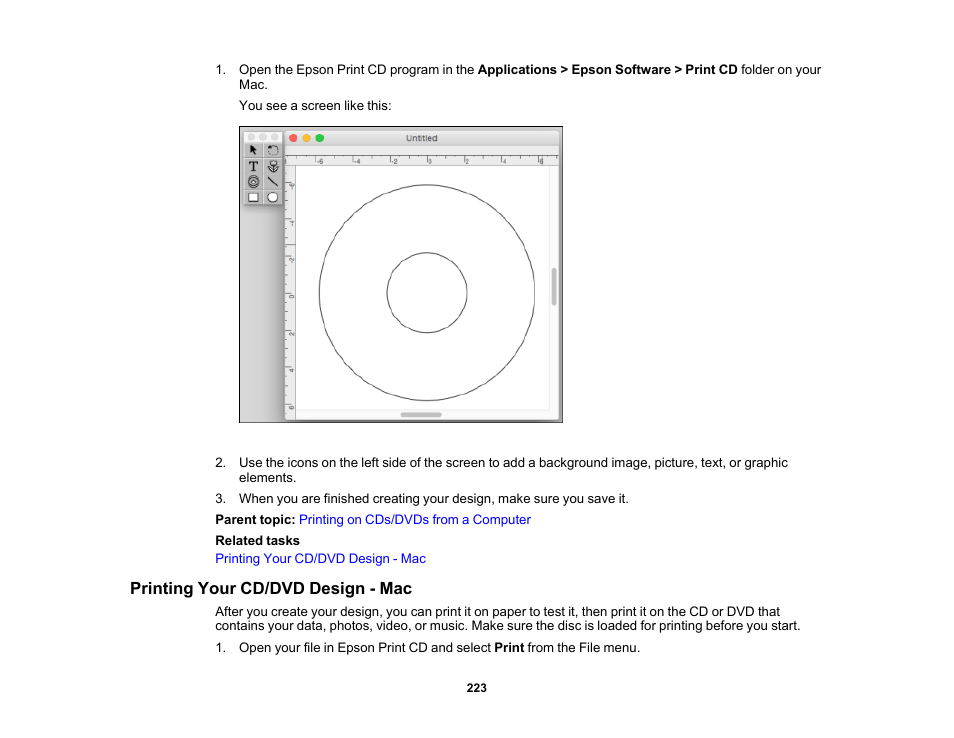 Printing your cd/dvd design - mac | Epson Expression Premium XP-7100 Small-In-One Inkjet Printer User Manual | Page 223 / 340