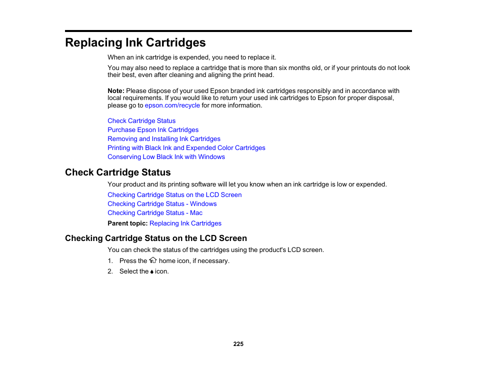 Replacing ink cartridges, Check cartridge status, Checking cartridge status on the lcd screen | Epson Expression Premium XP-7100 Small-In-One Inkjet Printer User Manual | Page 225 / 340