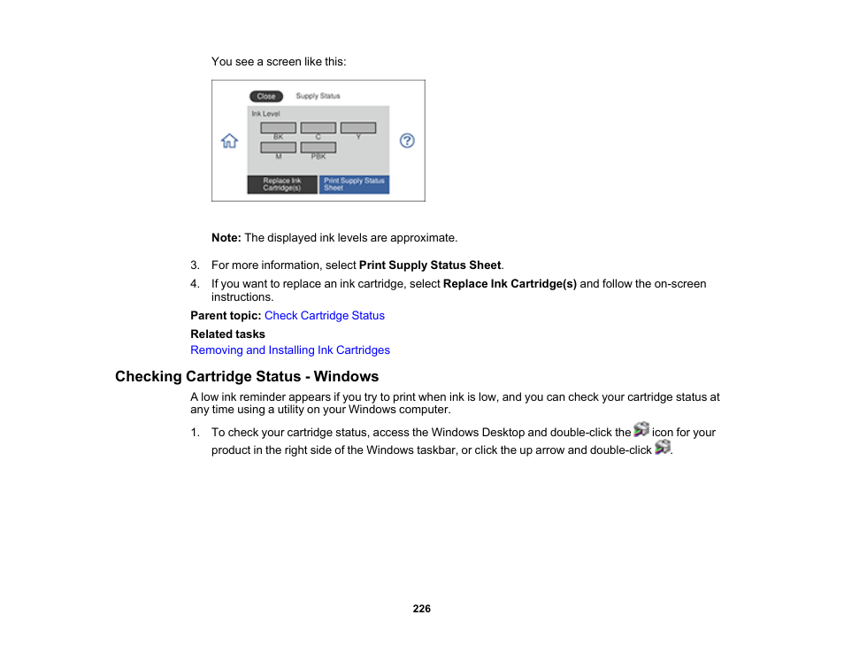 Checking cartridge status - windows | Epson Expression Premium XP-7100 Small-In-One Inkjet Printer User Manual | Page 226 / 340