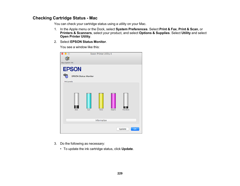 Checking cartridge status - mac | Epson Expression Premium XP-7100 Small-In-One Inkjet Printer User Manual | Page 229 / 340