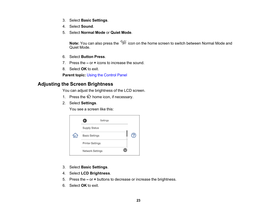 Adjusting the screen brightness | Epson Expression Premium XP-7100 Small-In-One Inkjet Printer User Manual | Page 23 / 340